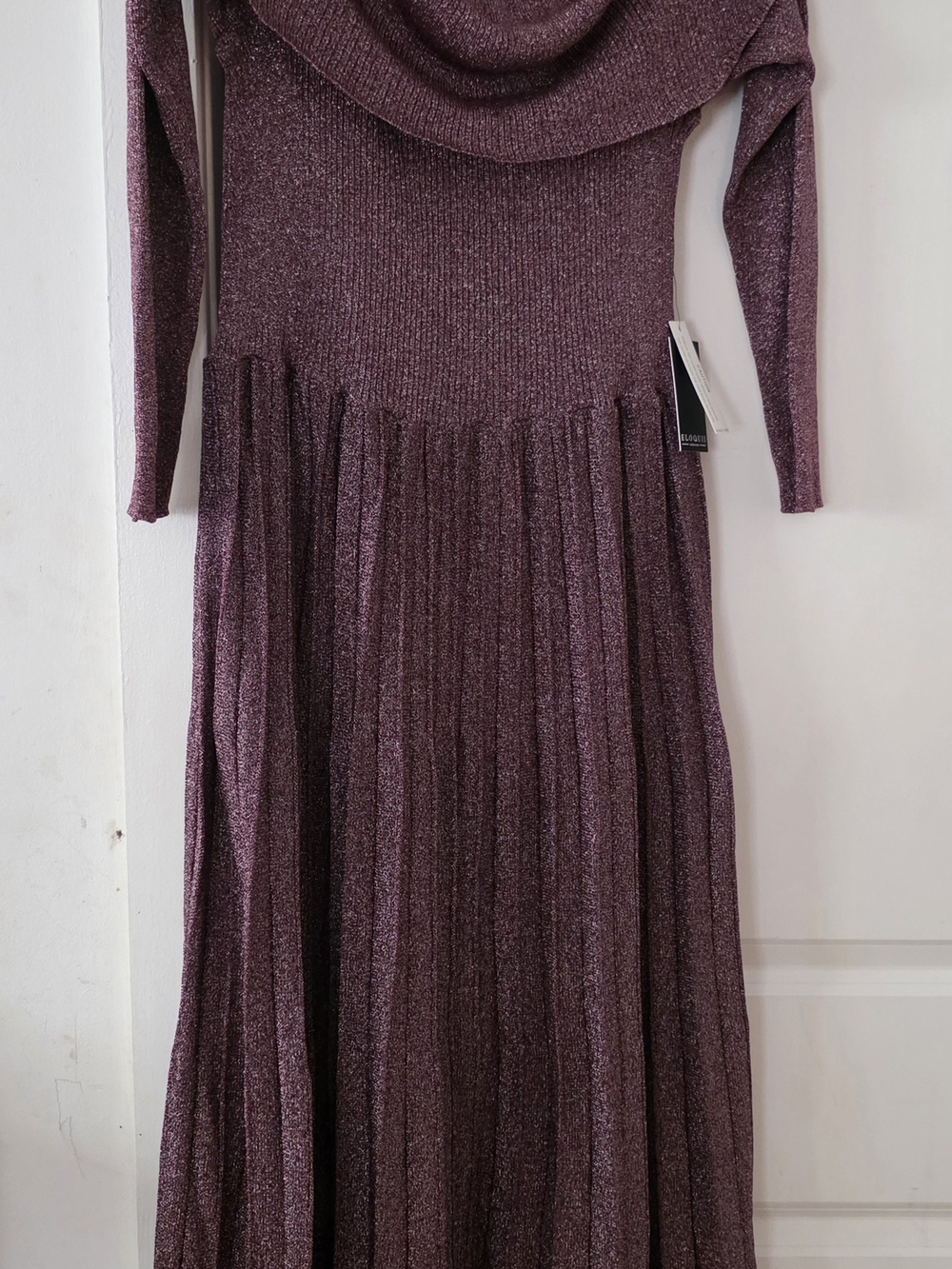 ELOQUII Metalic Pleated Off Shoulder Shimmery Plum Knit Dress